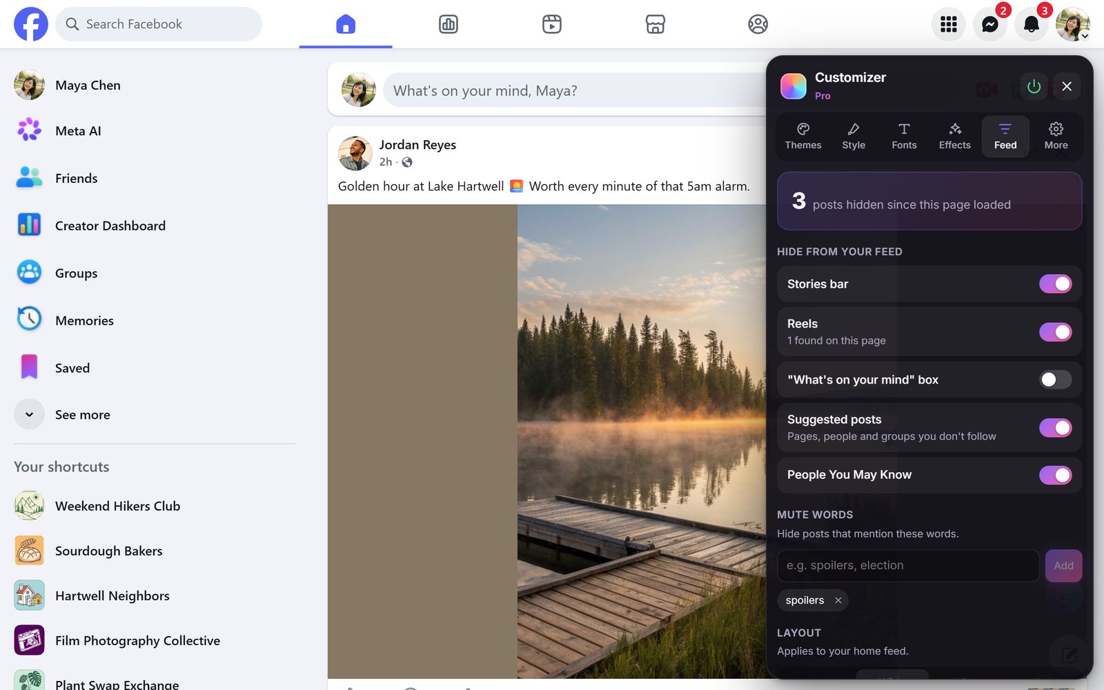 The Feed tab of Profile Customizer with Reels and Stories hidden