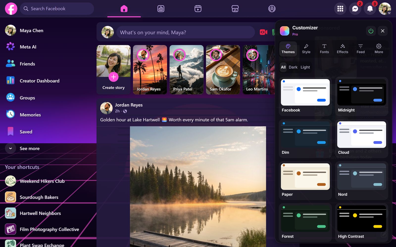 Facebook in the Synthwave theme with the Profile Customizer panel open