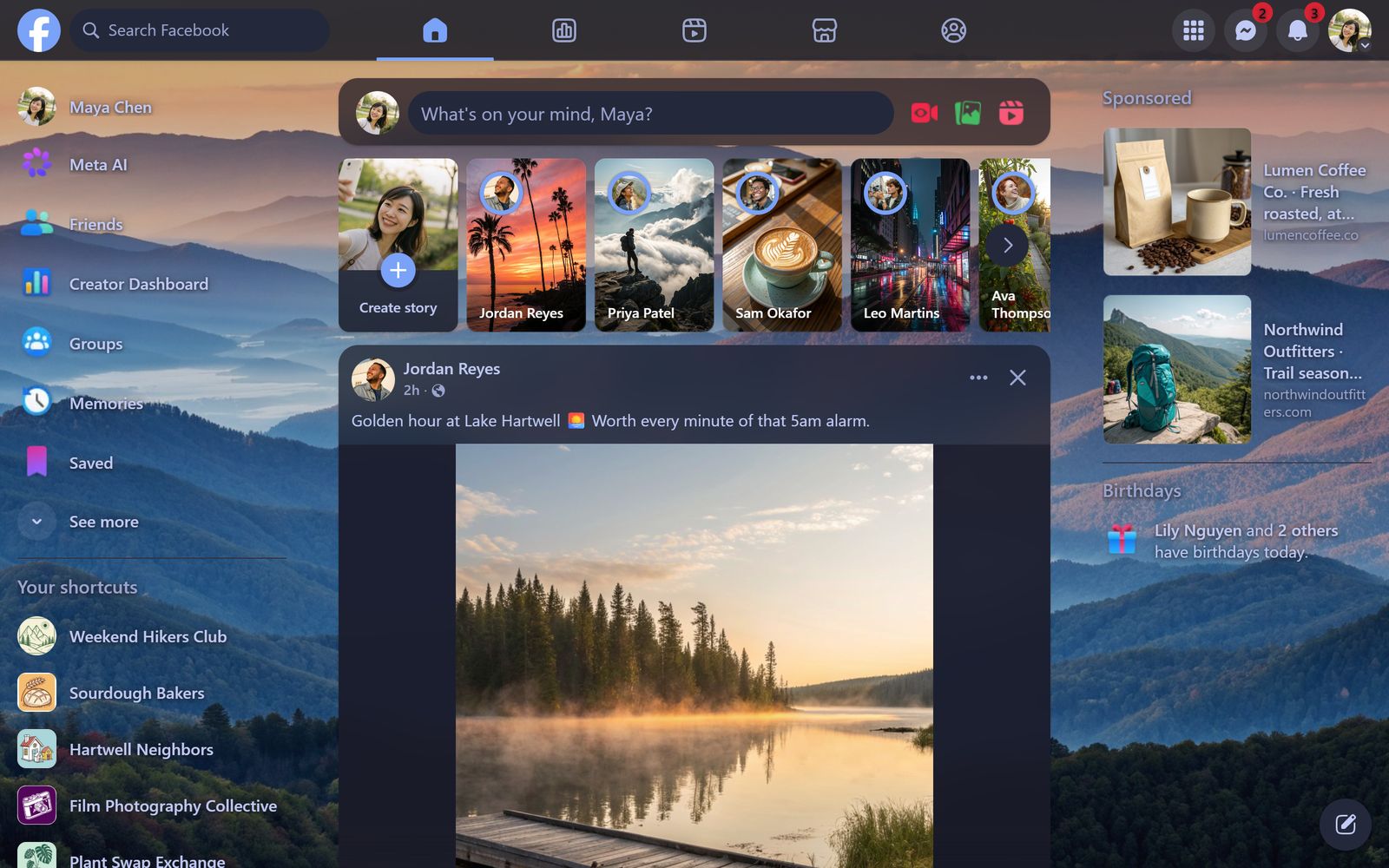 Facebook with a mountain photo wallpaper behind frosted-glass cards