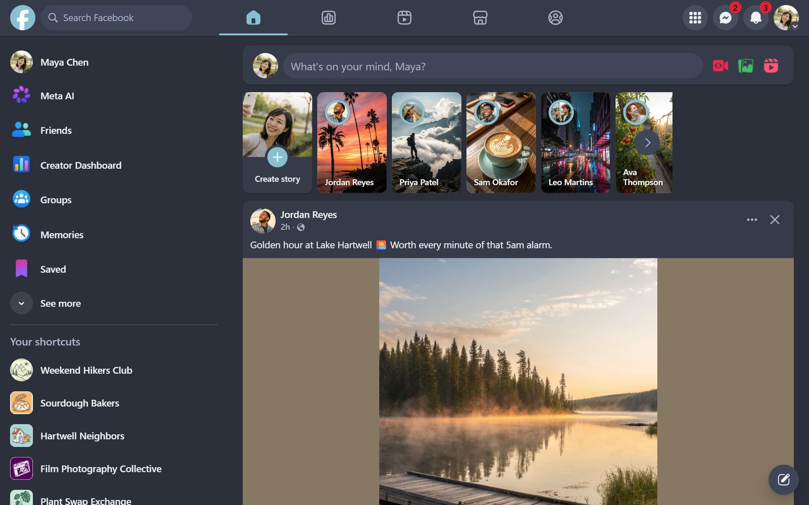 A wide Facebook feed with the side columns hidden