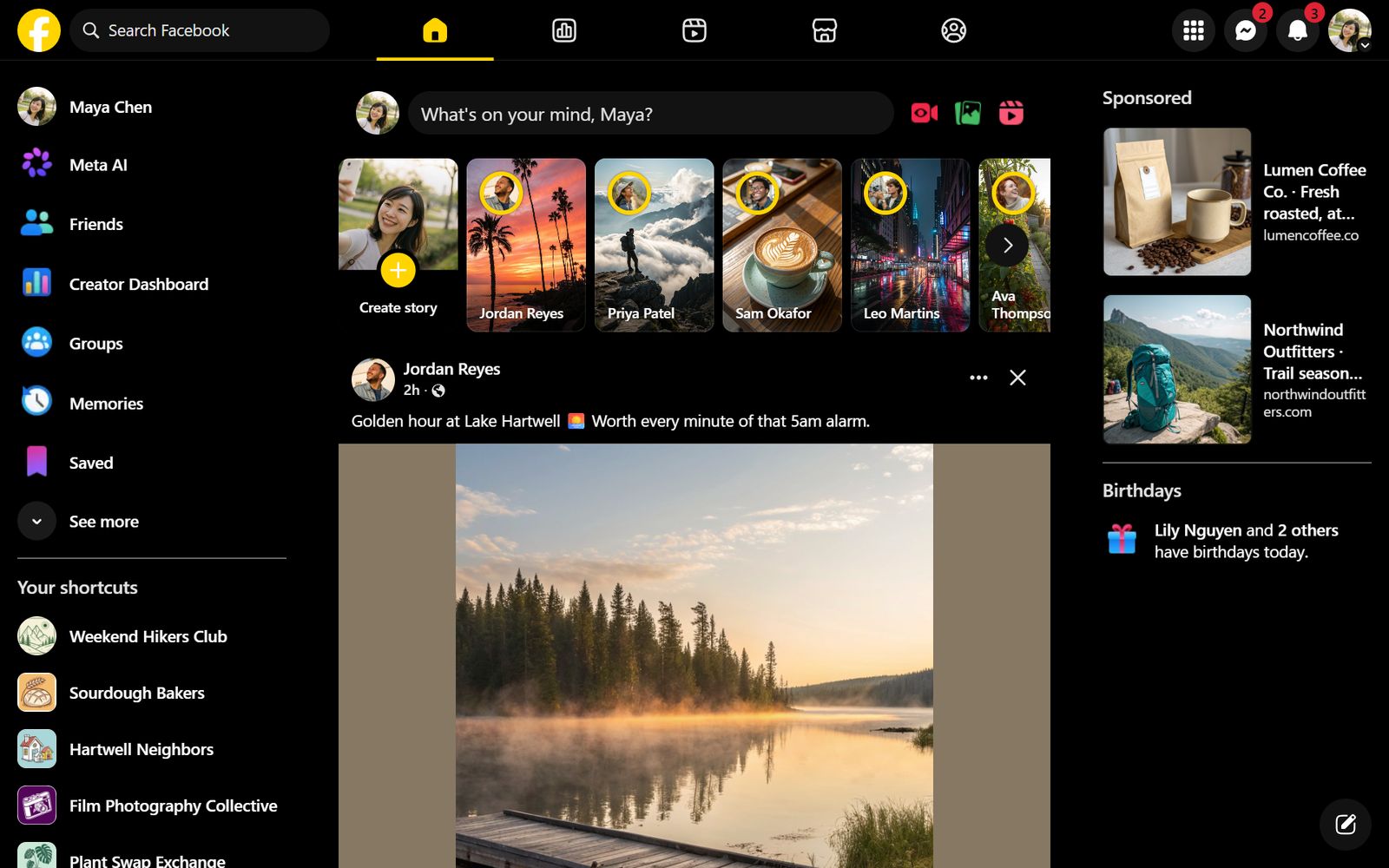 Facebook's home feed in the High Contrast theme