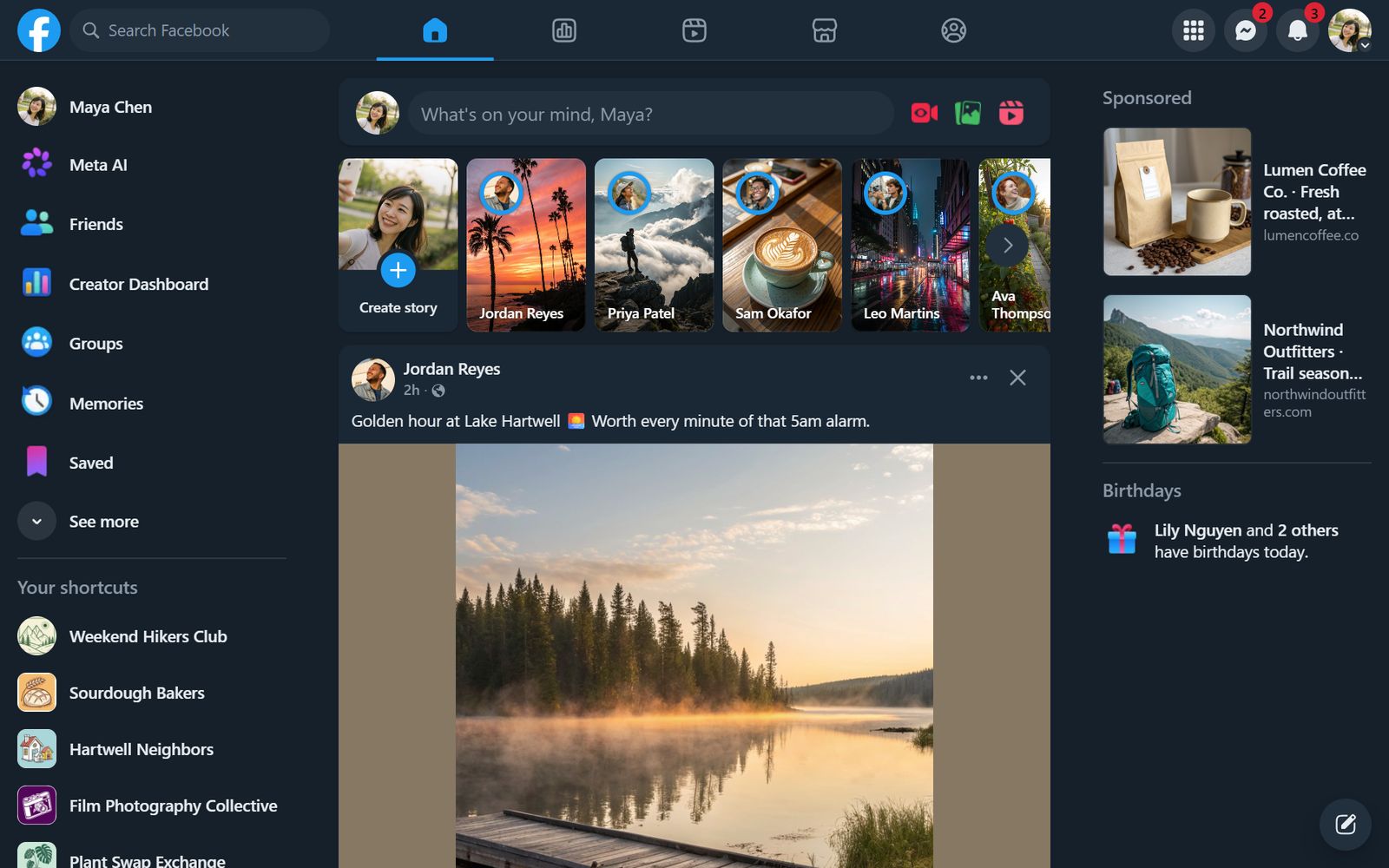 Facebook's home feed in the Dim theme