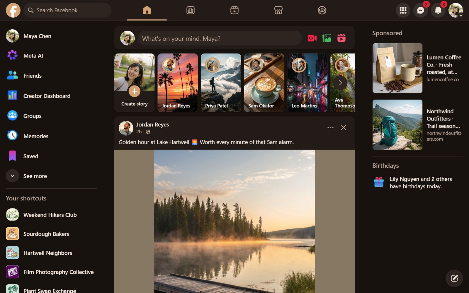 Facebook's home feed in the Espresso theme
