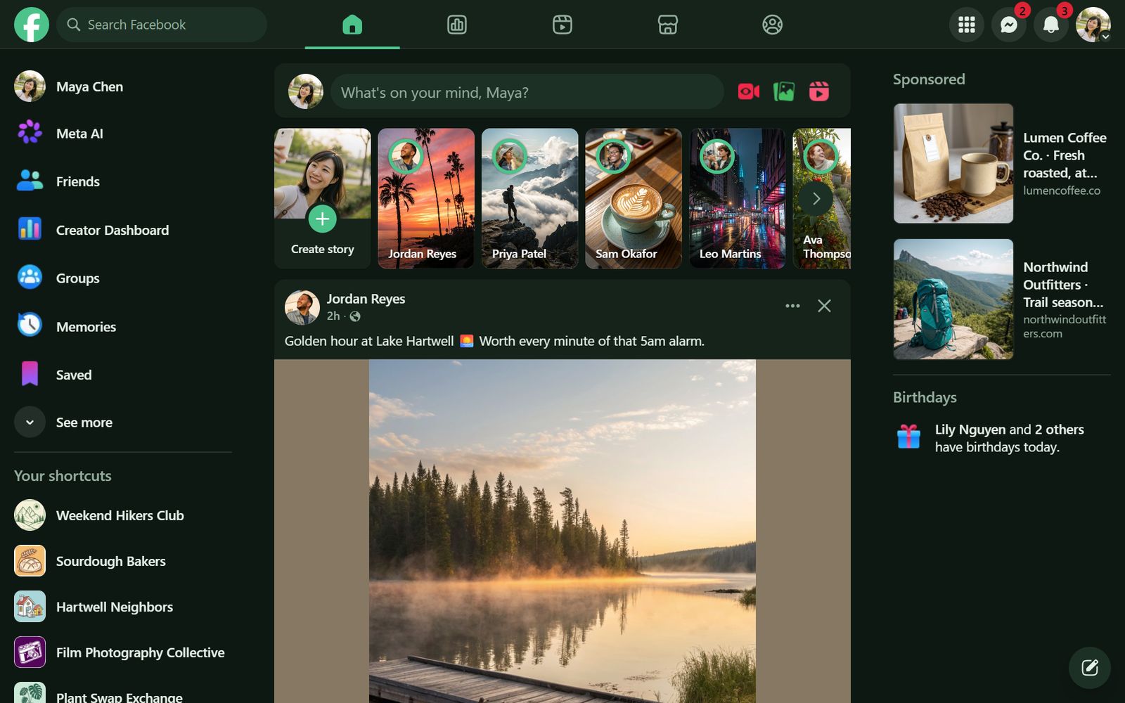Facebook's home feed in the Forest theme