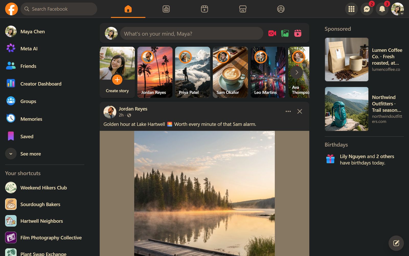 Facebook's home feed in the Gruvbox theme