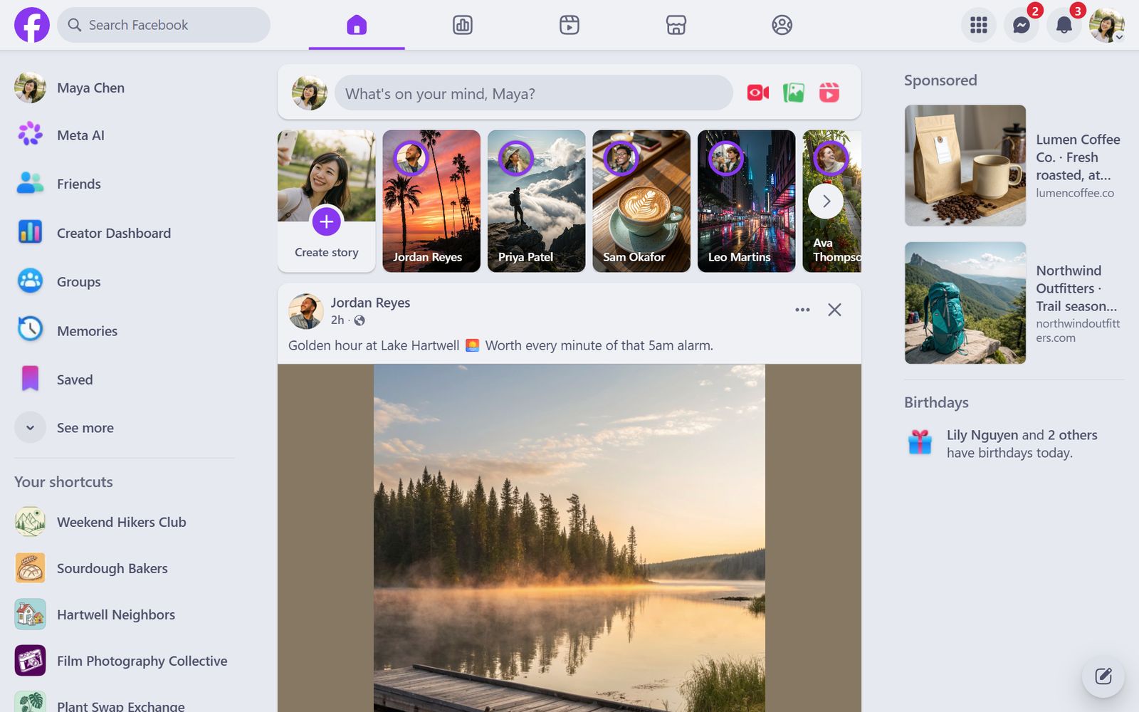 Facebook's home feed in the Catppuccin Latte theme