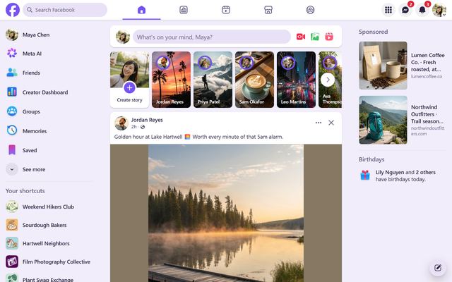 Facebook in the Lavender theme