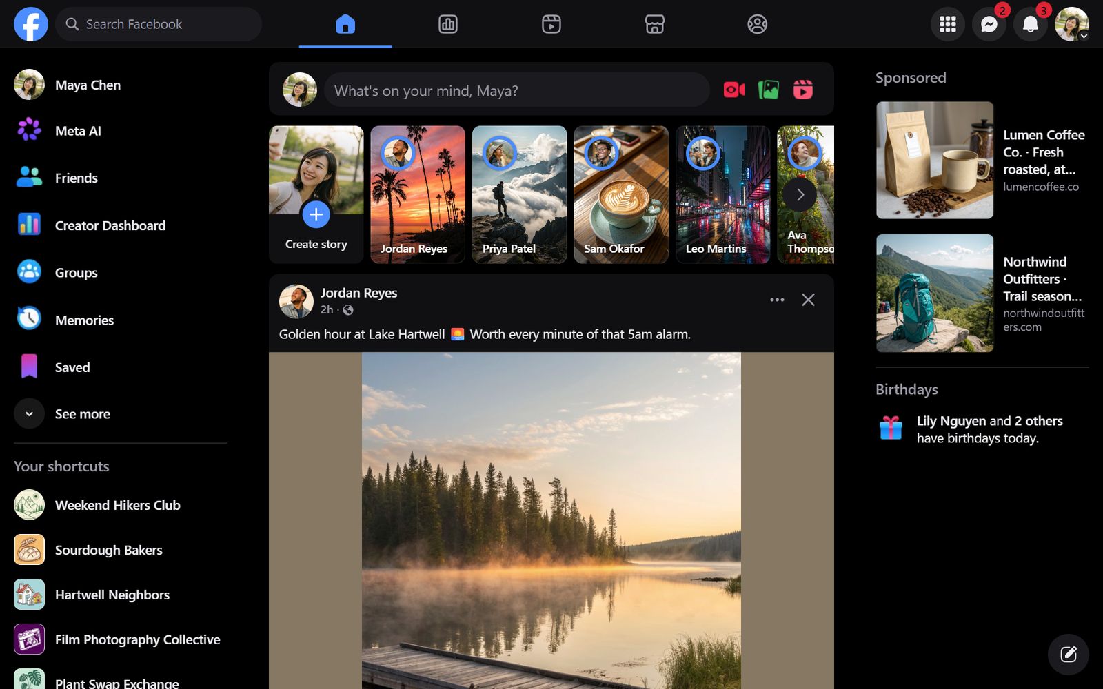 Facebook's home feed in the Midnight theme