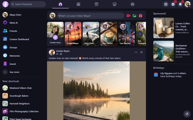 Facebook in the Catppuccin Mocha theme