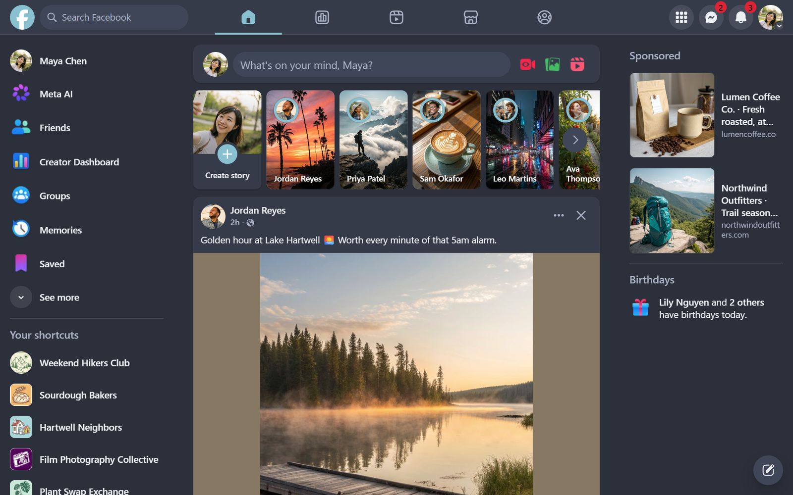 Facebook's home feed in the Nord theme