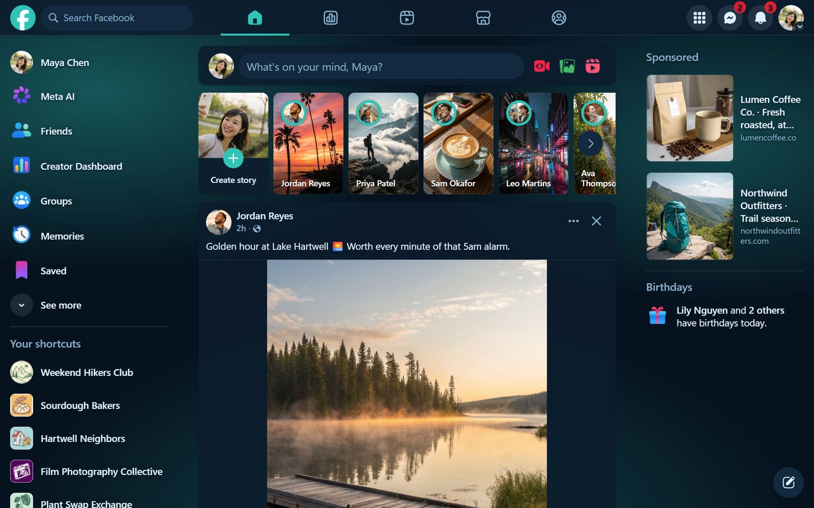 Facebook's home feed in the Deep Ocean theme