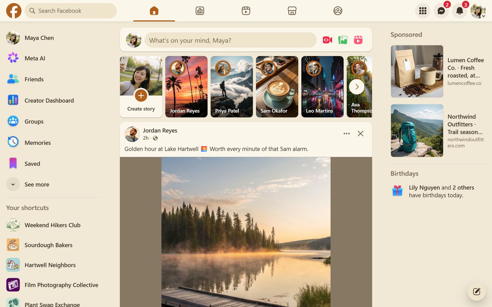 Facebook's home feed in the Paper theme