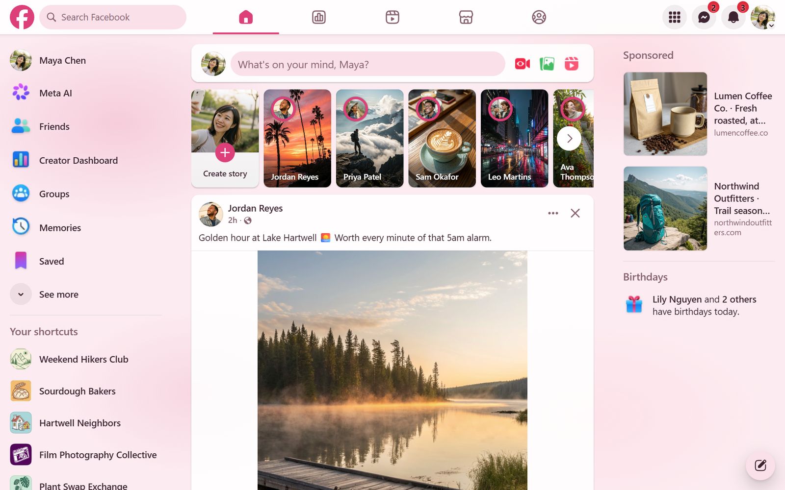 Facebook's home feed in the Sakura theme