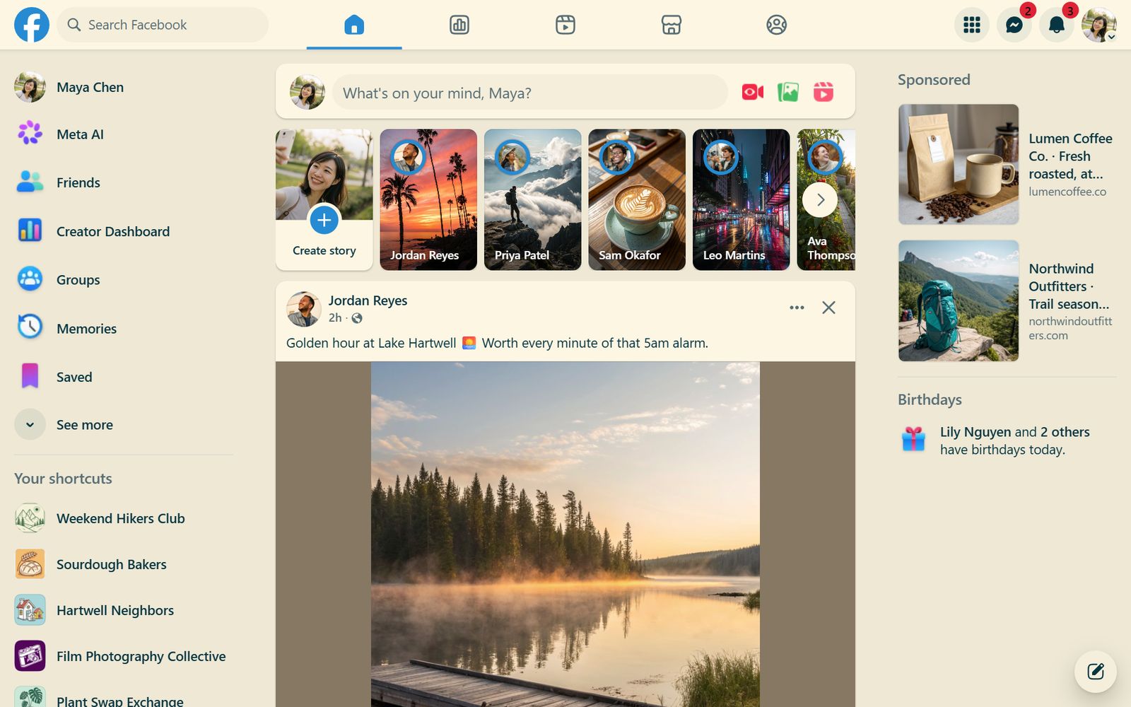 Facebook's home feed in the Solarized Light theme