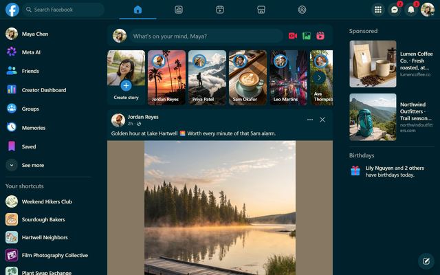Facebook in the Solarized Dark theme