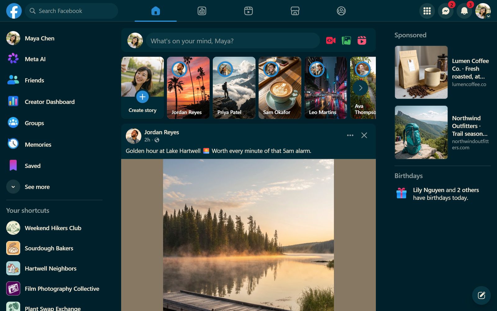 Facebook's home feed in the Solarized Dark theme