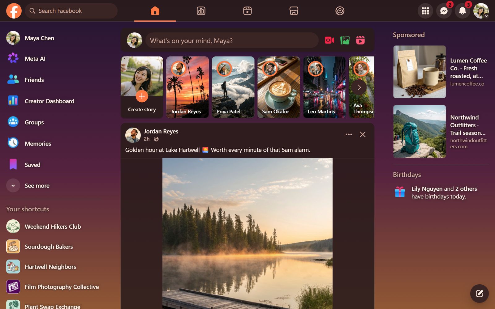 Facebook's home feed in the Sunset theme