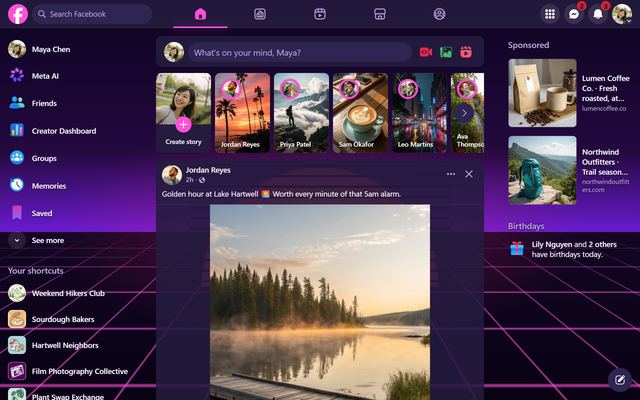 Facebook in the Synthwave '84 theme