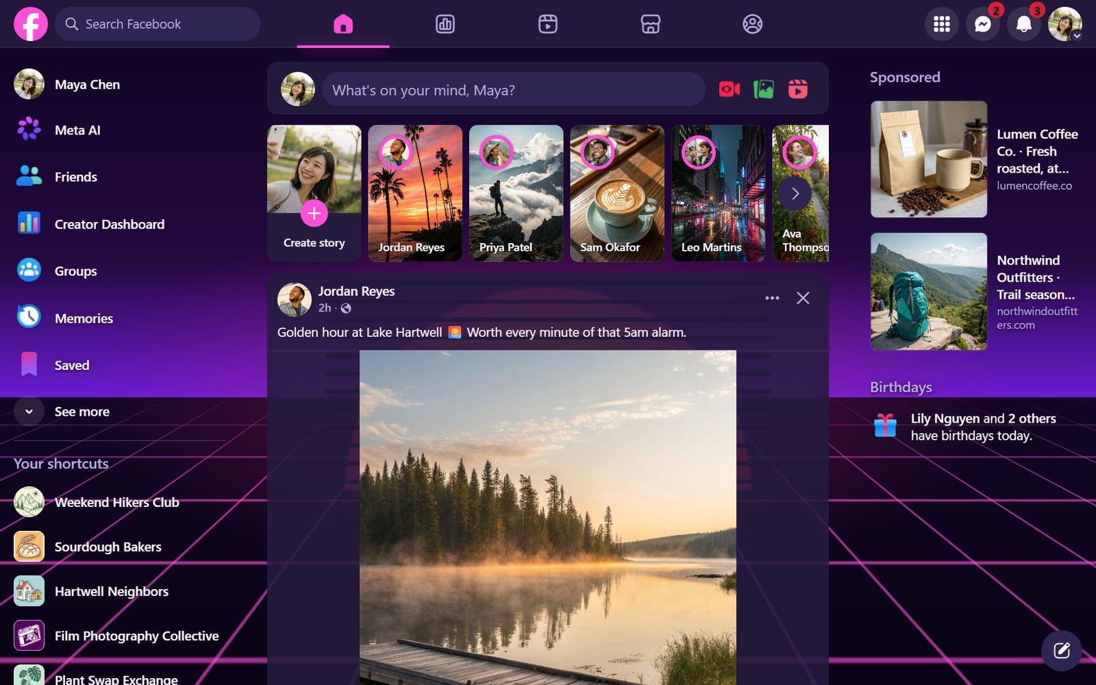 Facebook's home feed in the Synthwave '84 theme