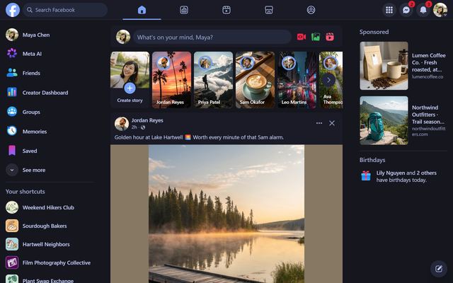 Facebook in the Tokyo Night theme