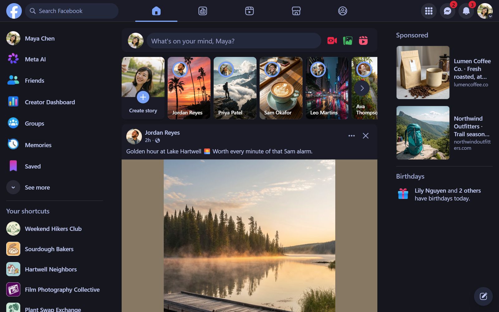 Facebook's home feed in the Tokyo Night theme